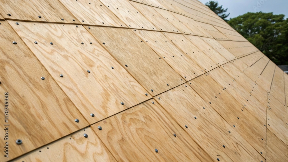 Aufkleber A diagonal shot captures a section of sheathing showing the knots and grain variations inherent in the plywood. The sheen of the untreated surface reflects the light softly and the