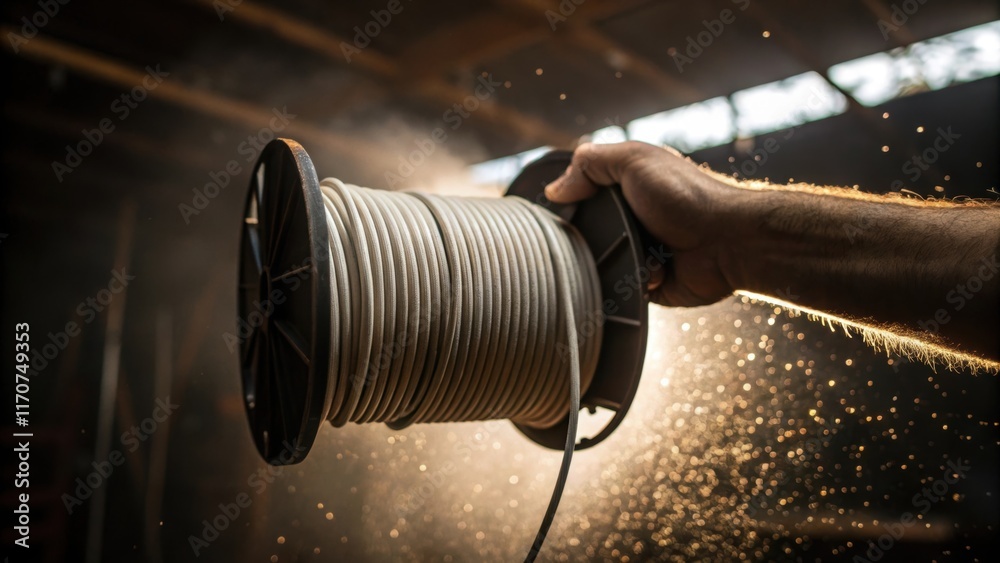 Poster a dramatic closeup showcases a hand gripping a spool ready to extend the wire further. the image cap