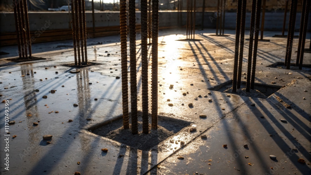 Poster a dramatic angle highlighting the vertical rebar reinforcements standing upright within the foundati