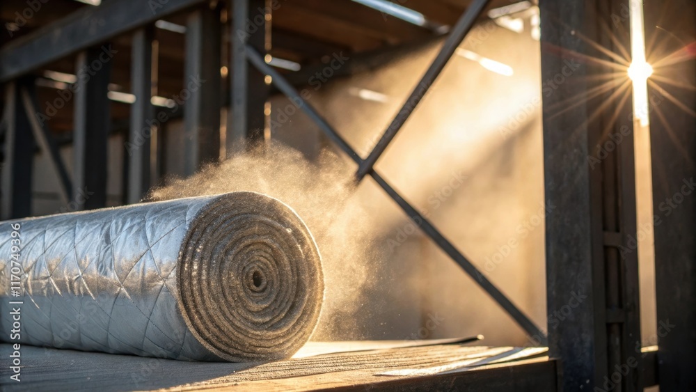 Poster A dramatic closeup captures the interplay of light and texture between the rolled radiant barrier insulation and the robust metal framework behind it. Dust motes float in the air