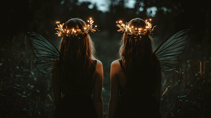 Enchanting twin fairies with luminous crowns and delicate wings, standing in a mystical forest.  Perfect for fantasy, mystical, magical, or ethereal themes.