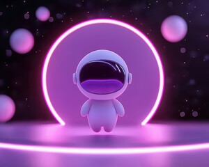 A cute astronaut toy figure surrounded by glowing spheres in a vibrant, futuristic setting.