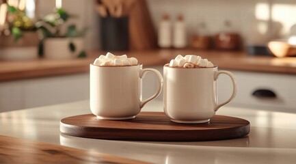 Fototapeta premium Hot chocolate in two white mugs with marshmallows on top, placed on a wooden board