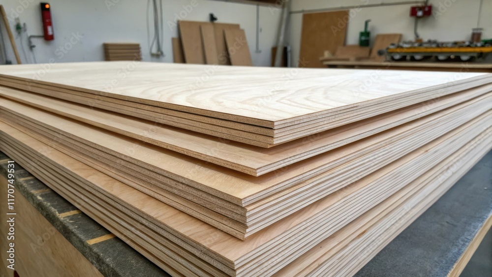 Aufkleber a dynamic angle presents a stack of plywood sheets with their sleek surfaces catching the light illu