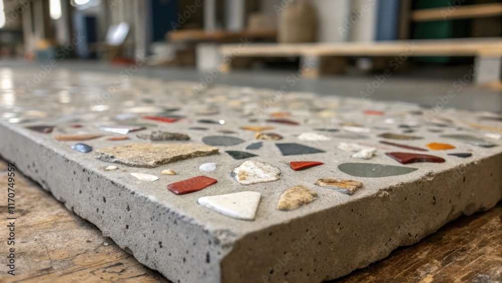 Poster A dynamic composition of a raw concrete slab featuring embedded pieces of shattered tile and stones that add visual interest. The mixture exemplifies the creative potential of