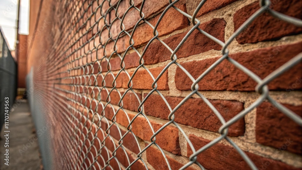 Poster A dynamic perspective focusing on the edges of the mesh panels where they meet rough brickwork