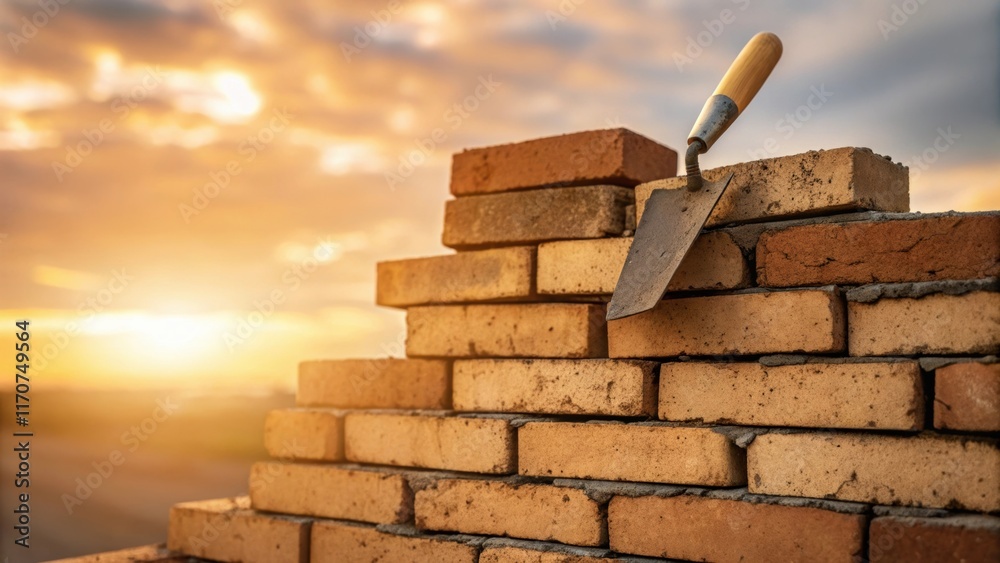 Poster A dynamic shot featuring a of unevenly stacked bricks their rough edges highlighted by the golden light of the setting sun and a trowel resting against the structure ready for the