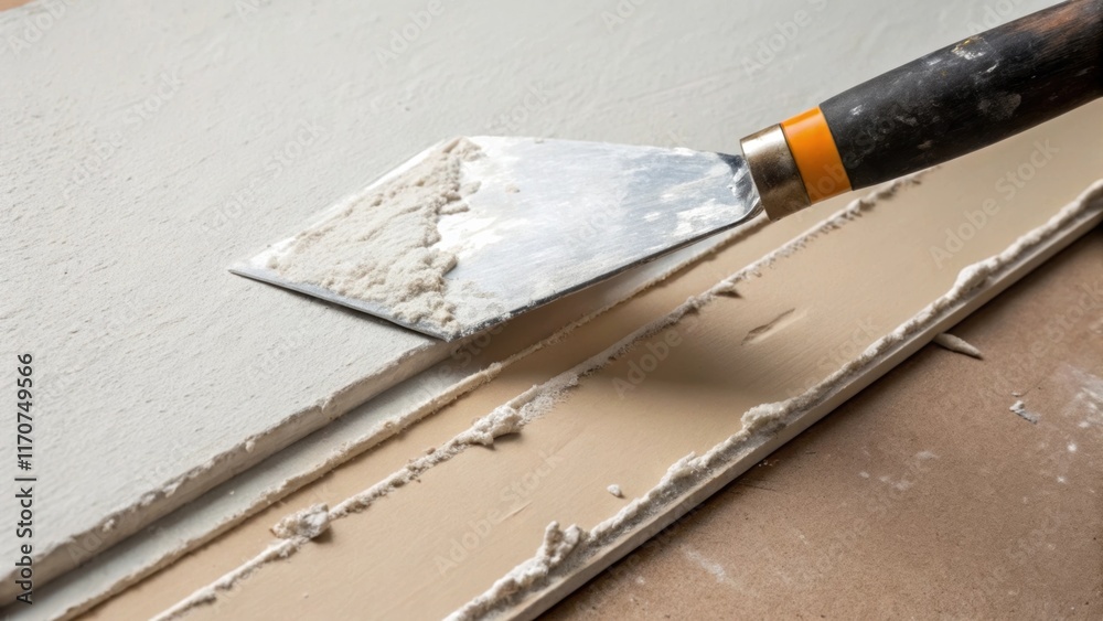 Aufkleber A dynamic closeup showcases the intersection of a trowel and drywall with the thin line of joint compound being expertly spread across the surface. The trowel appears finely honed