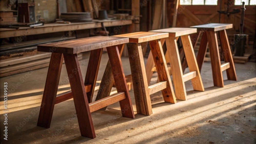 Poster a dynamic composition reveals three wooden planks leaning slightly off the sawhorses each stained in