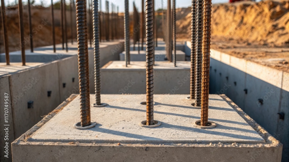 Poster A dynamic perspective emphasizes the depth of the foundation footings with a focus on the interplay of light and shadow across the surface of the hardened concrete. Steel anchors