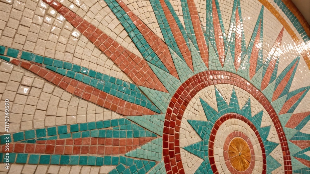 Poster a dynamic composition of small hand mosaic tiles in shades of turquoise coral and cream arranged in 