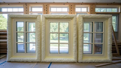 A dynamic arrangement of multipaned window frames wrapped tightly in thick protective foam captures the eye with their meticulous design hinting at the transformative impact they