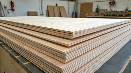 A dynamic angle presents a stack of plywood sheets with their sleek surfaces catching the light illuminating the subtle ripples in the wood grain. Each sheets edge is perfectly