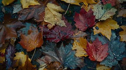Close-up of colorful maple leaves. Top table view on multi-colored bright maple leaves.