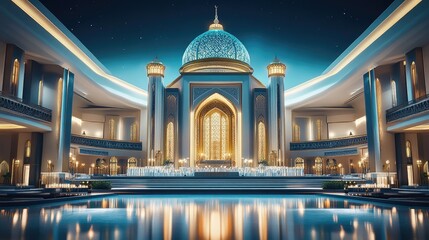 Elegant palace interior with a grand dome, reflecting in water under a starry sky.