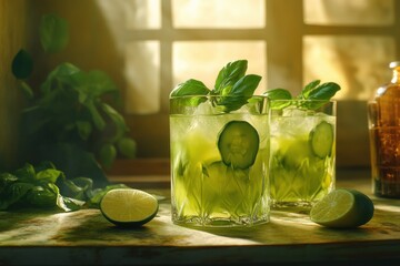 Refreshing green cocktails with cucumber and basil in a sunlit kitchen setting.