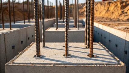 A dynamic perspective emphasizes the depth of the foundation footings with a focus on the interplay of light and shadow across the surface of the hardened concrete. Steel anchors
