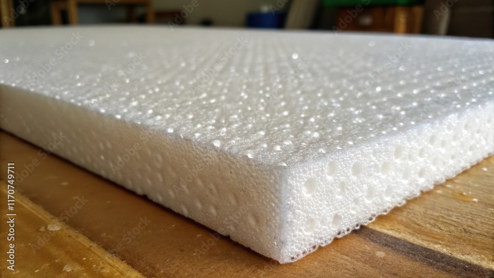 Aufkleber A focused image showing the texture of the foam boards surface with tiny air bubbles ped within its structure. The protective plastic cover appears slightly dulled hinting at the