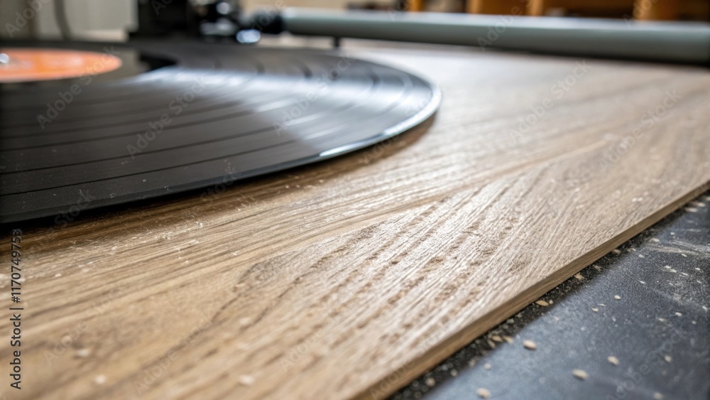 Fototapete a focused shot highlights the texture of the vinyl sheet close to the camera revealing a subtle wood