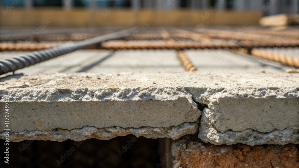 Aufkleber A focused view of a chipped concrete edge revealing the inner texture of the slab while a tangle of reinforcing bars lays in the background emphasizing the strength beneath the