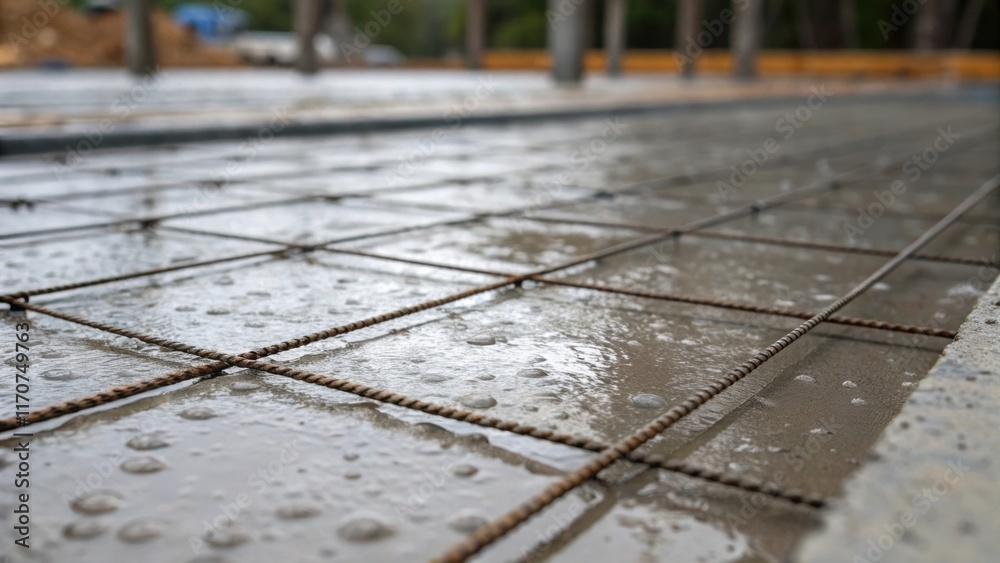 Poster a focused shot of a concrete slabs surface marked by water staining from recent rains. snaking throu