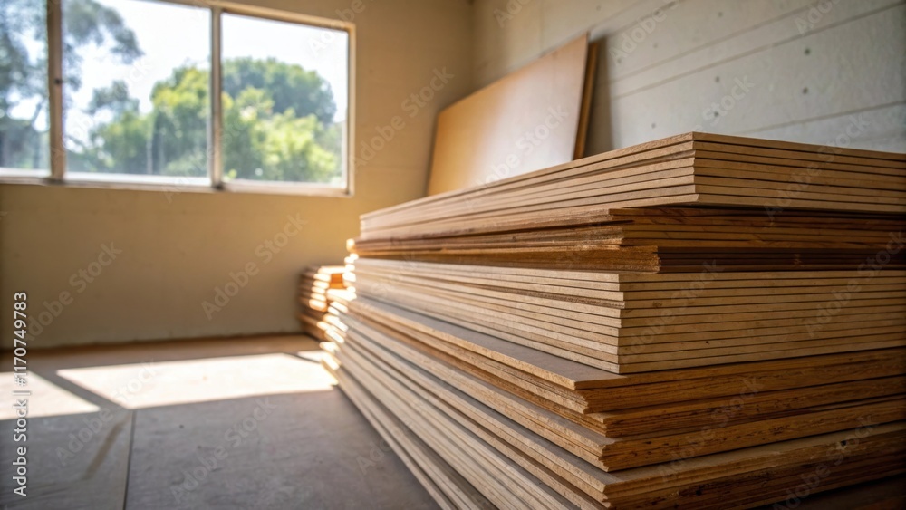 Aufkleber A focused view of plywood sheets stacked neatly in a corner of the room with some sheets slightly bowed displaying the natural flexibility of the material. The sunlight spills