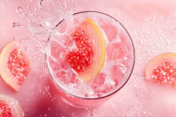 Fototapeta premium Refreshing pink guava drink with ice and splash effect, showcasing vibrant colors and fruit slices.