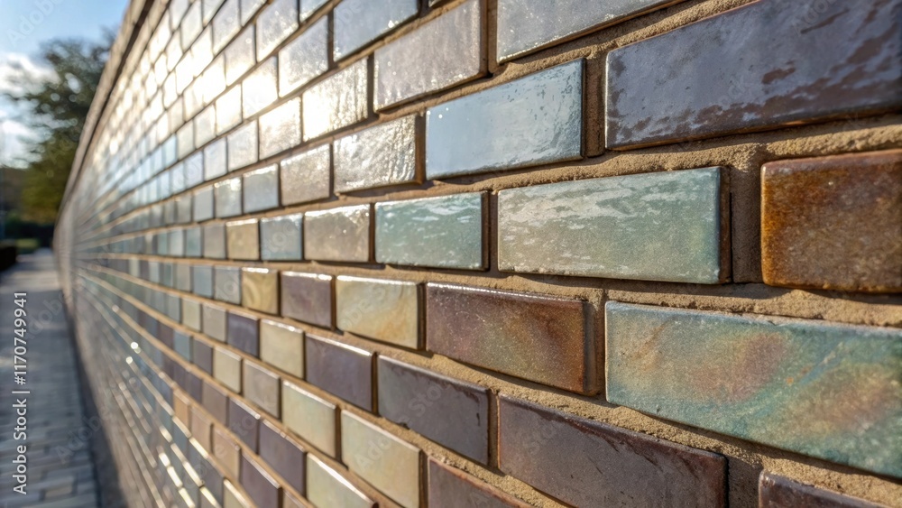 Fototapete A fragment of the masonry wall features a unique alternating pattern of glazed and matte finish bricks. The gloss from the glazed bricks catches the light creating a play of