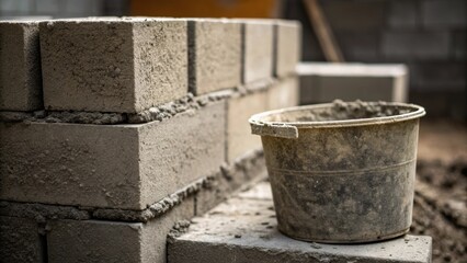Naklejka premium A gritty scene highlighting the textures of concrete blocks and mortar focusing on the contrast between the co block edges and the smooth finish of wet mortar pooled in an open