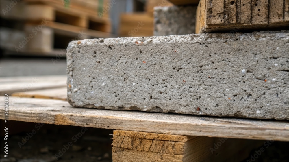 Poster A macro image focusing on the rough texture of a cinder block stacked under the edge of a wooden pallet reveals the pitted surface and imperfections of the concrete. Tiny flecks of