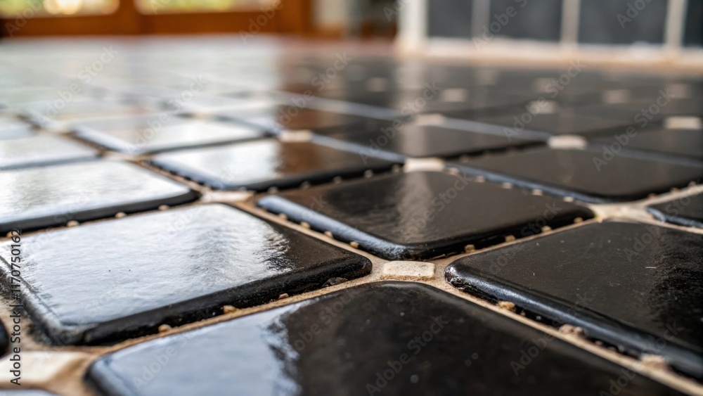 Aufkleber A macro image focused on the glossy finish of a freshly laid tile with a blurred background highlighting the strategic placement of black tile spacers. Tiny bits of grout are still