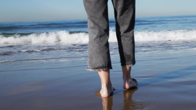 Pies de una mujer andan hacia la orilla de la playa con su perro. En un d&iacute;a soleado.