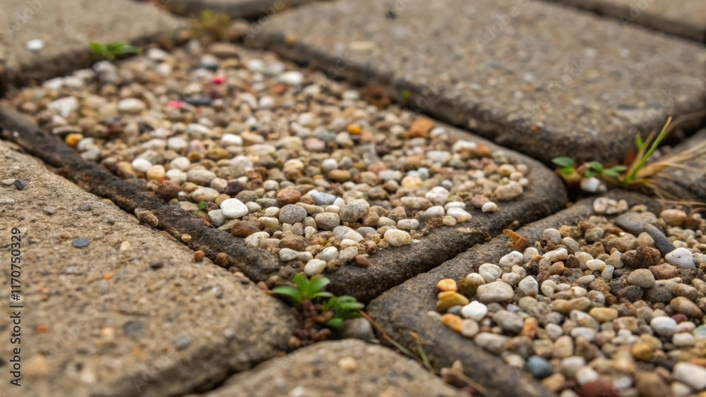 Poster A macro perspective of the joints between pavers focusing on the fine detail of sand or gravel filling the gaps. Tiny pebbles and fragments of soil peek through hinting at the
