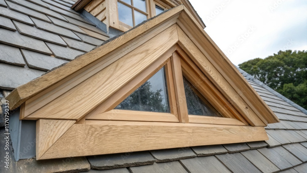 Poster A macro perspective showcases the detailing on a dormer window frame where fine sanded edges meet the raw texture of the nearby roof truss. The contrast highlights the meticulous