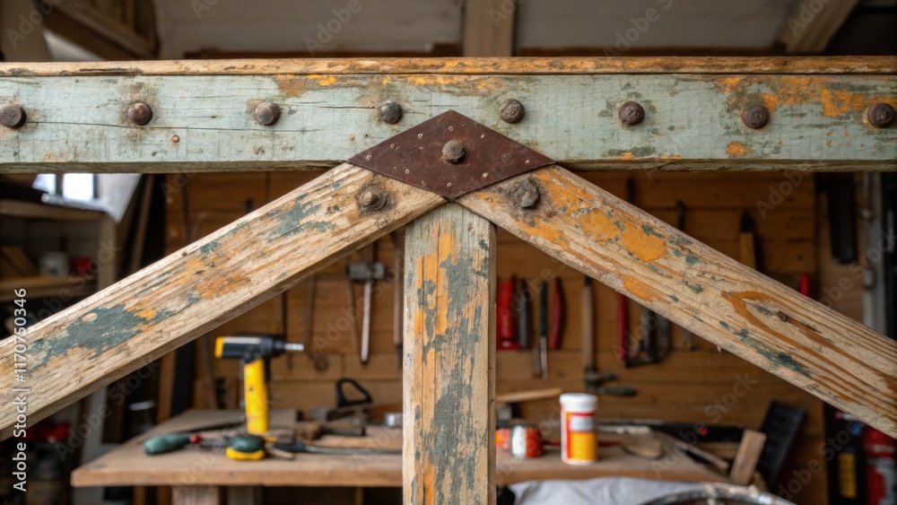 Aufkleber A macro perspective on the weathered surface of a truss with patches of old paint and knots creating an artistic impression. Surrounding tools such as saws and hammers frame the