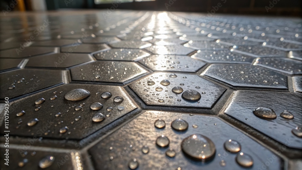 Poster a macro shot captures droplets of water on the slick surface of the polished hexagonal tiles glisten