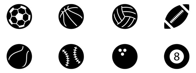 Sports balls minimal flat icon set. Baseball, American Football, Soccer, Volleyball, Golf, Basketball, Tennis, Billiards, Boiling. Vector Illustration. EPS 10