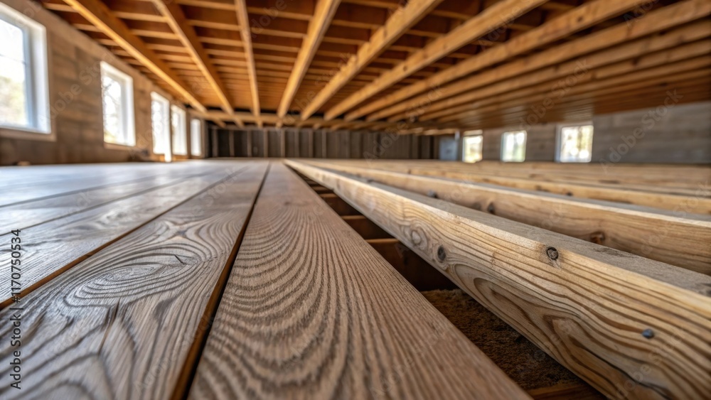 Poster A macro shot capturing the texture of the wood grain in the joists juxtaposed with the engineered finish of the subfloor panels. The interplay of light and shadow enhances the