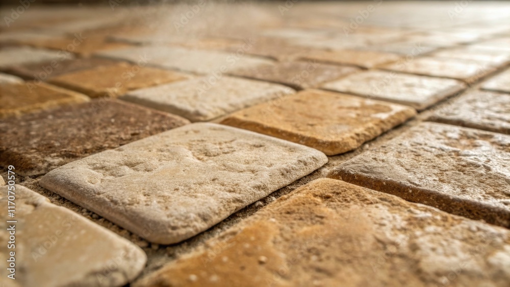 Aufkleber a macro shot focusing on the intricate texture of a hand stone tile sheet. earthy tones of beige and