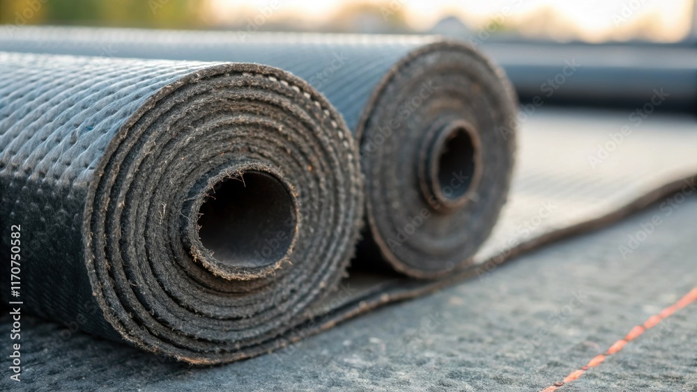 Poster A macro shot focusing on the seam where two rolls of roofing felt meet revealing the intricate detail of the woven fabric and the glossy sheen from the coatings. The subtle fraying