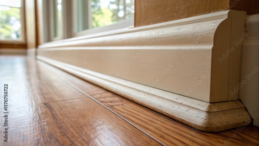 Aufkleber A macro shot of a single baseboard end revealing the precision of the beveled edge and the subtle imperfections of the wood that add character bathed in natural light filtering