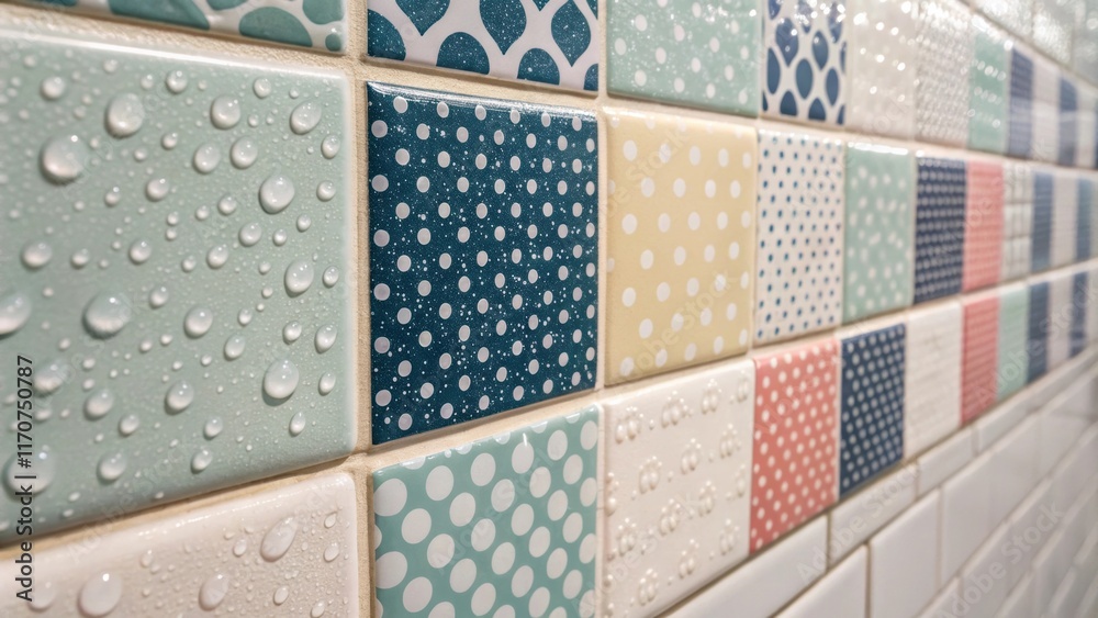Poster A macro shot of a tiled bathroom wall featuring a variety of patterned ceramic tiles where spacers define the crisp outlines between each tile. The contrasting colors create a
