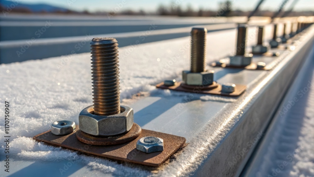 Aufkleber A macro shot of the fastening system used to secure the insulated panels in place. The strong rustresistant bolts glint in the cold sunlight surrounded by the textured surface of