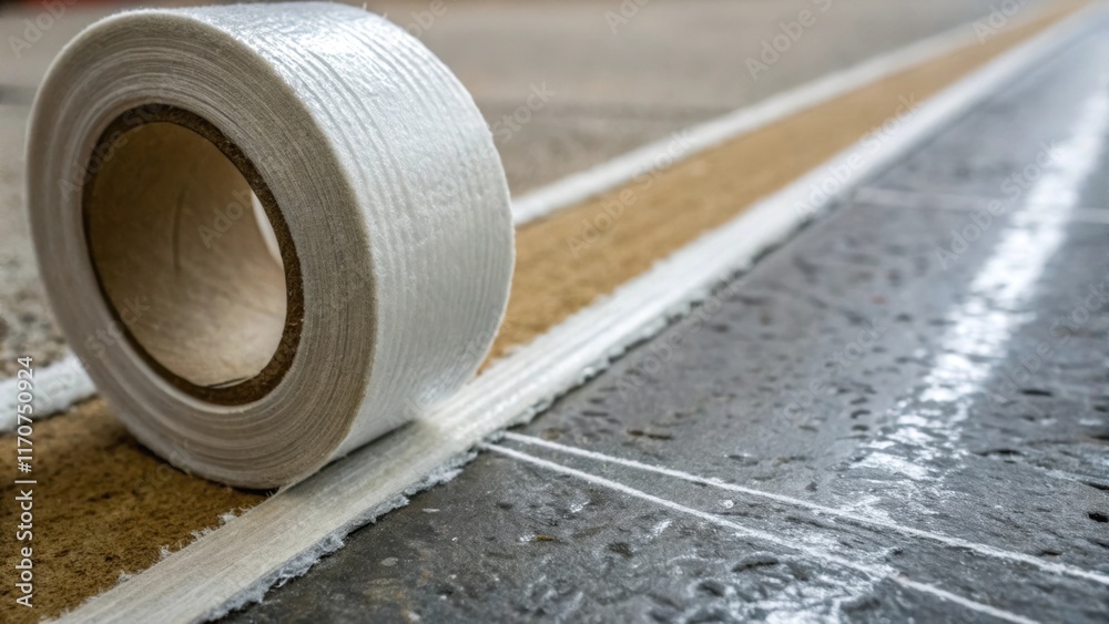 Aufkleber A macro shot of the joint tape applied along a straight seam with the fine fibers of the tape peeking through a layer of wet finish compound capturing the craftsmanship and
