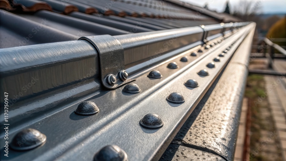 Aufkleber A macro shot of the riveted joint on a metal gutter showcasing the craftsmanship involved in creating durable connections. The intricate details of the raised rivets contrast with