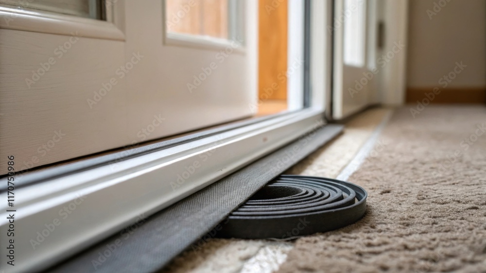 Poster A macro shot of the weather stripping tape peeking out from beneath a slightly ajar door with a soft focus on the flooring beneath. The image subtly illustrates the importance of
