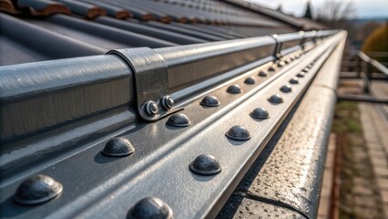 Fototapeta premium A macro shot of the riveted joint on a metal gutter showcasing the craftsmanship involved in creating durable connections. The intricate details of the raised rivets contrast with