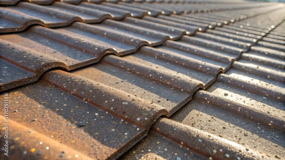 Aufkleber A macro shot zooming in on an array of prepainted roof tiles focusing on the paints texture that mimics natural weathering complete with tiny speckles of color and glossedover