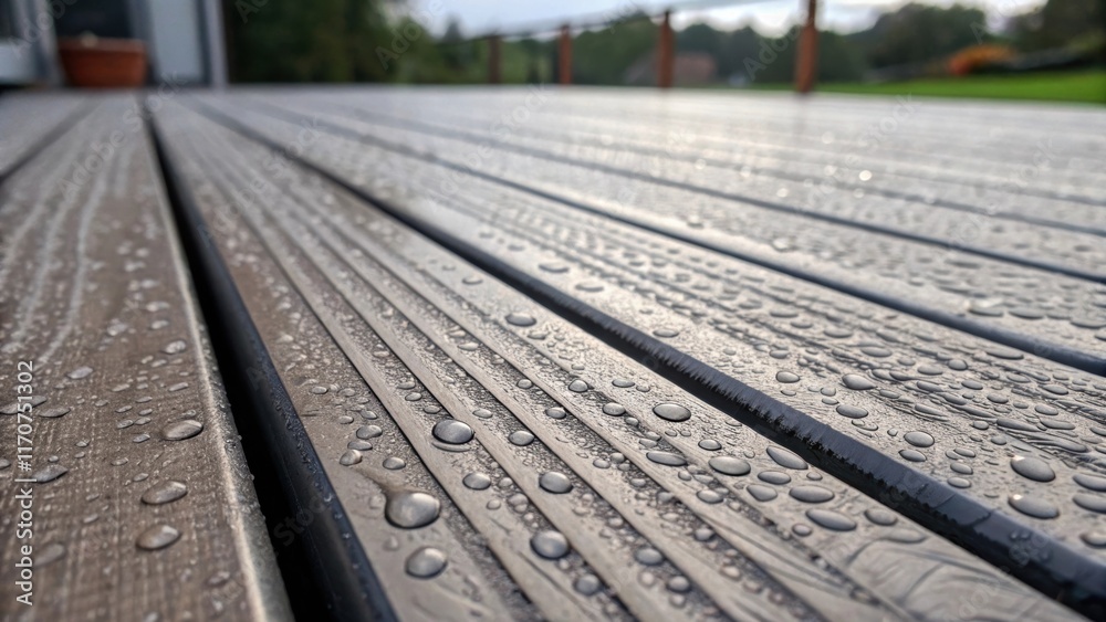 Aufkleber A macro view of the composite deckings surface focusing on the minute ridges and grooves that provide traction and prevent slipping. The detailed pattern is accentuated by droplets