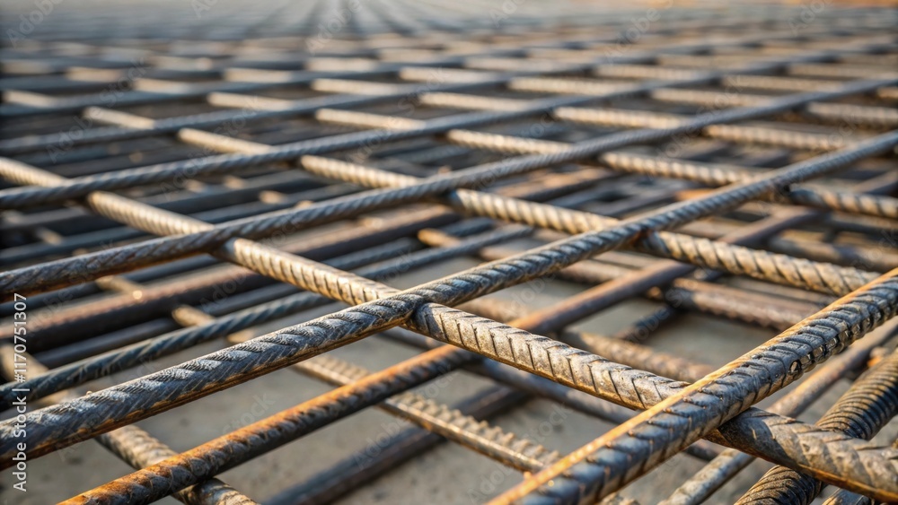Aufkleber A macro view of a single mesh grid revealing the intense industrial quality of the rebar with its crossed wires forming a pattern of strength